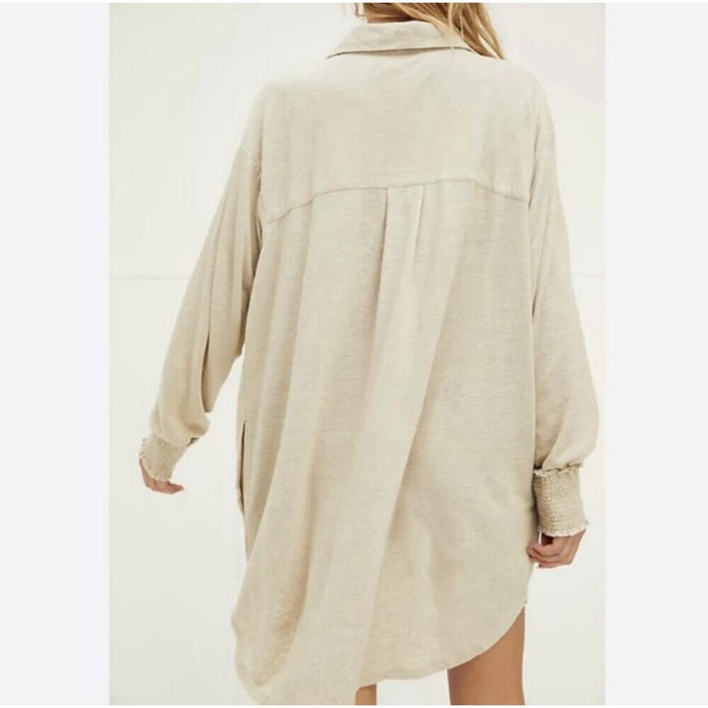 Free People Beach Linen Blend Smocked Cuff Button Down Shirt Dress Oatmeal XS - Picture 2 of 13